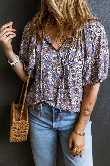 Printed Tie Neck Half Sleeve Blouse Trendsi