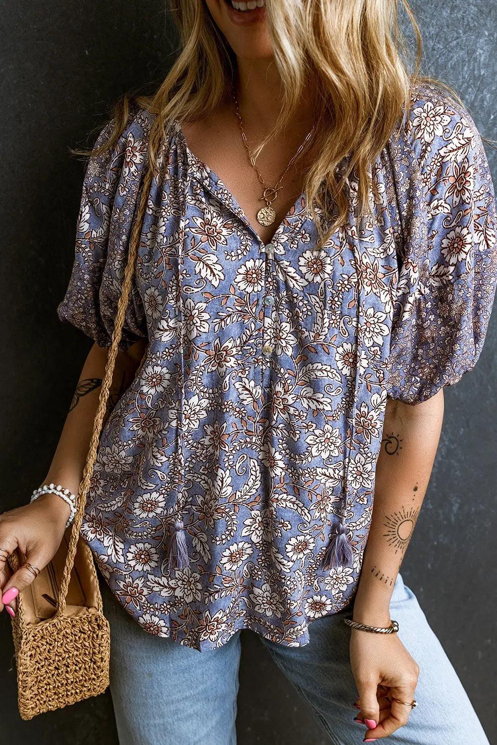 Printed Tie Neck Half Sleeve Blouse Trendsi