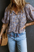 Printed Tie Neck Half Sleeve Blouse Trendsi