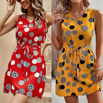 Retro Printed Lace Up Waist-tight V-neck Mid-length Dress Casual Style - Awesome Marketplace