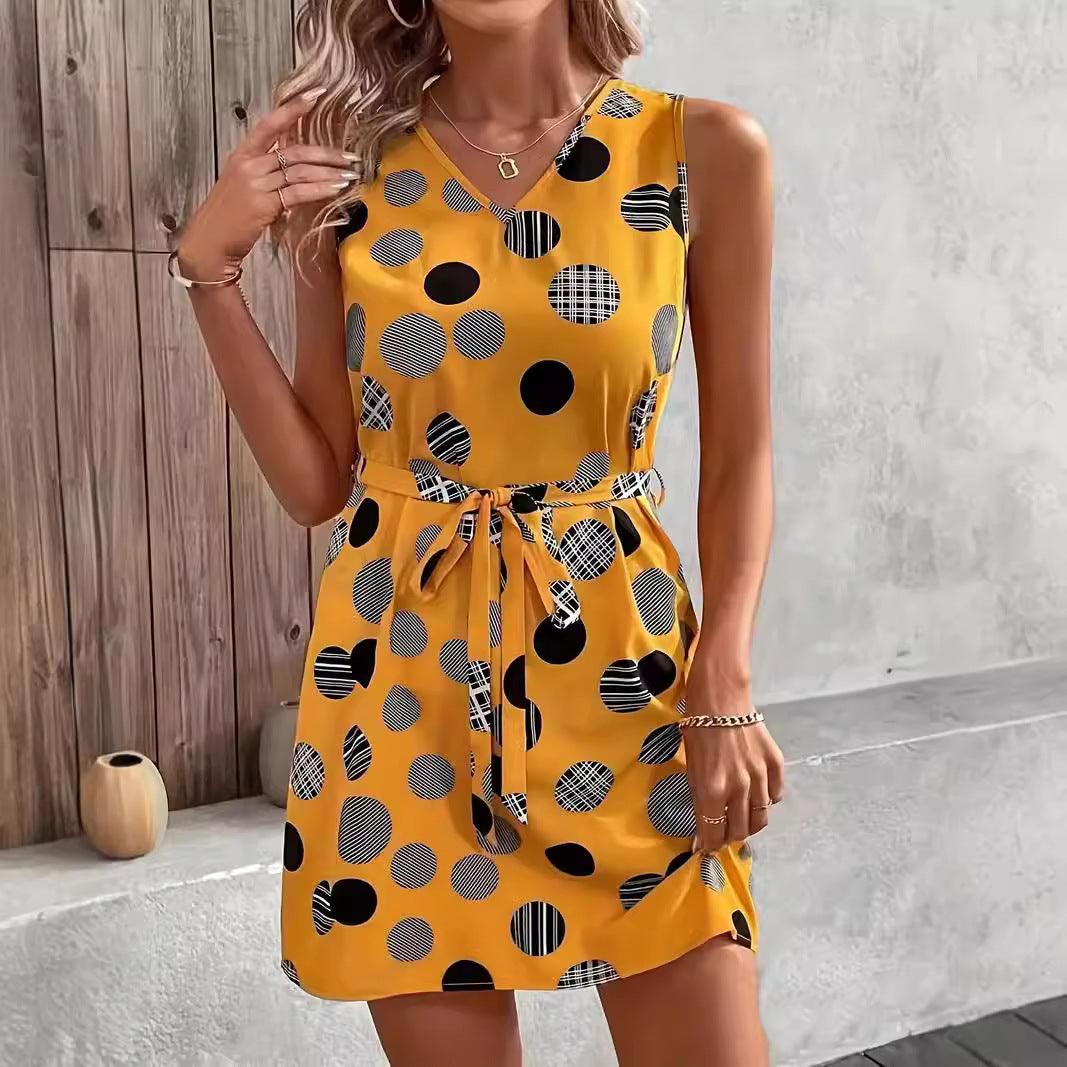 Retro Printed Lace Up Waist-tight V-neck Mid-length Dress Casual Style - Awesome Marketplace