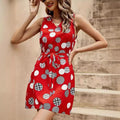 Retro Printed Lace Up Waist-tight V-neck Mid-length Dress Casual Style - Awesome Marketplace