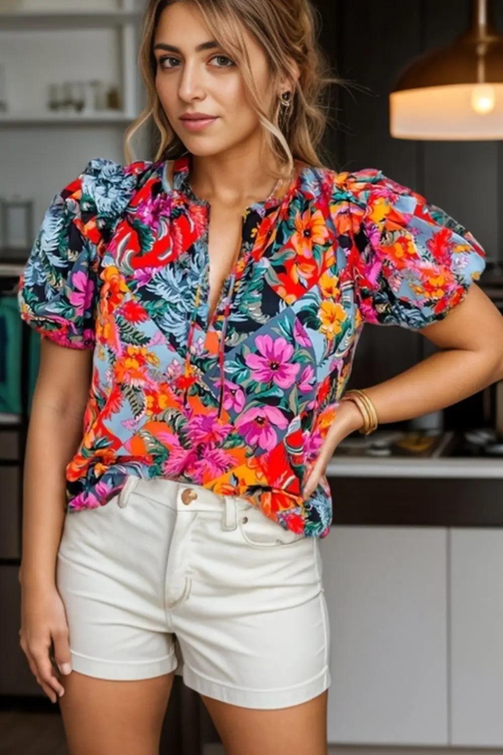 Ruffled Printed Tie Neck Short Sleeve Blouse Trendsi