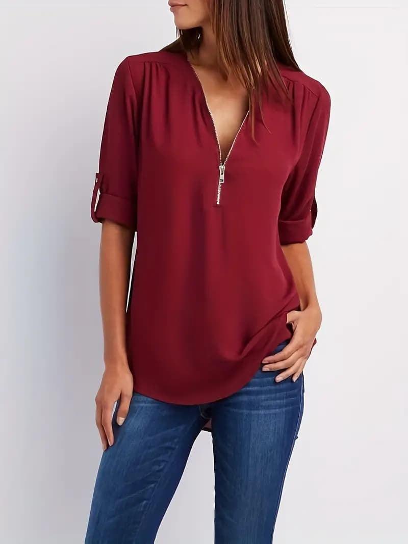 Simple V-neck Shirt Casual Pleated Half-zip Shirt With Rolled-up Sleeves - Awesome Marketplace