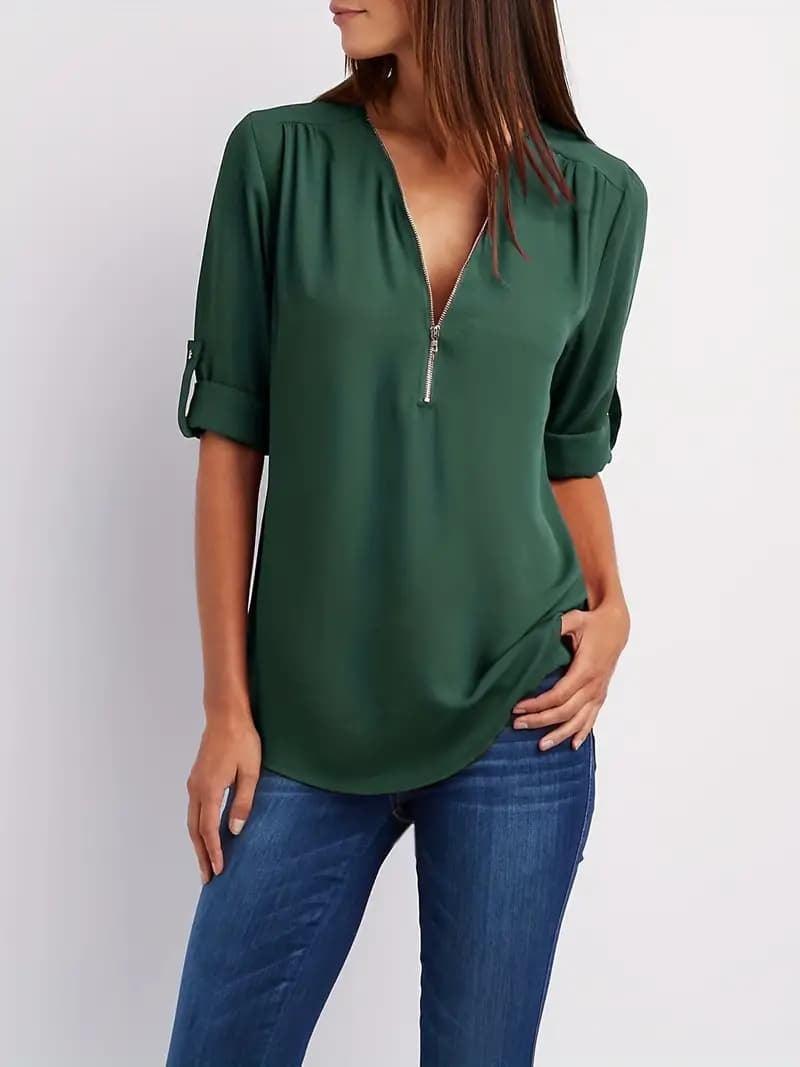 Simple V-neck Shirt Casual Pleated Half-zip Shirt With Rolled-up Sleeves - Awesome Marketplace