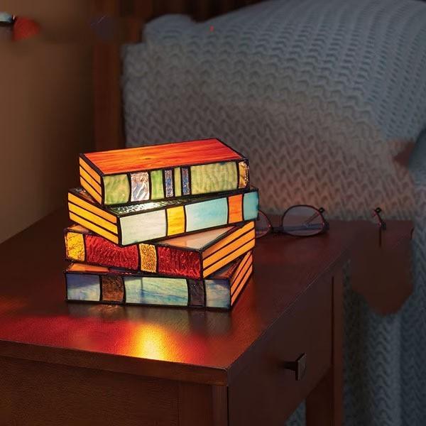 Stacked Books Lamp - Handcrafted Resin Desk Lamp with Stained Glass Light - Awesome Marketplace