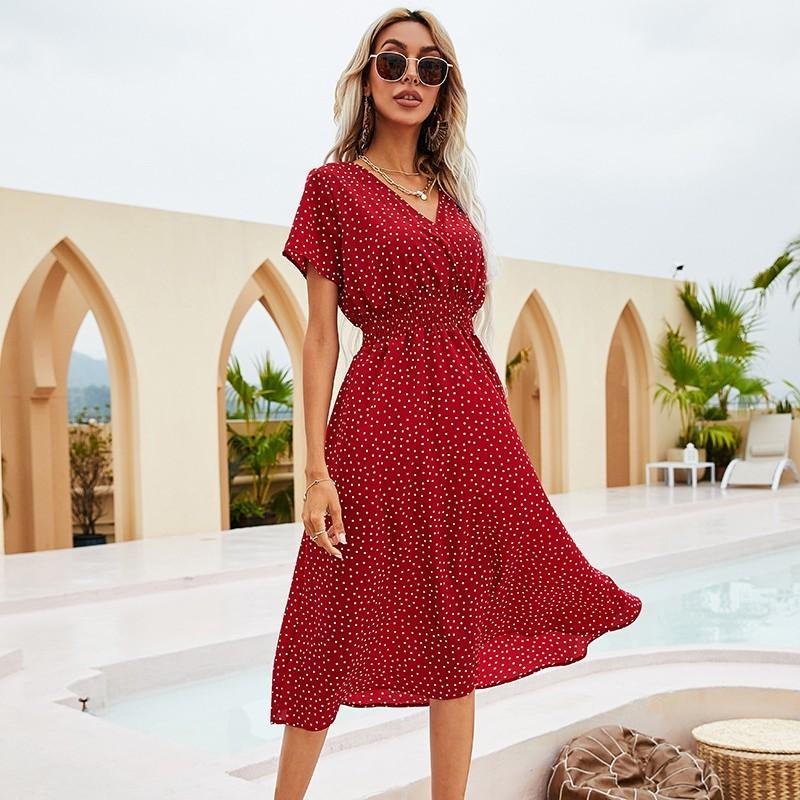 Summer Polka Dot Short Sleeve Waist-tight Dress - Awesome Marketplace