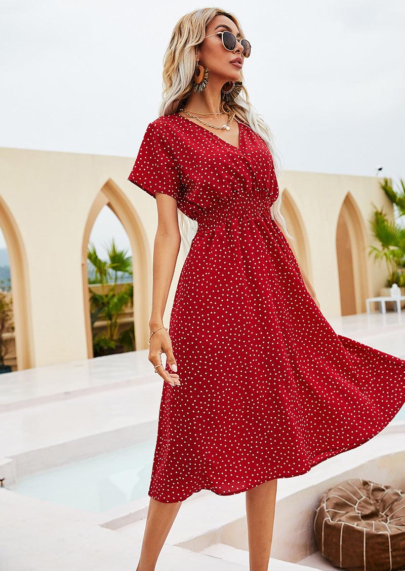 Summer Polka Dot Short Sleeve Waist-tight Dress - Awesome Marketplace