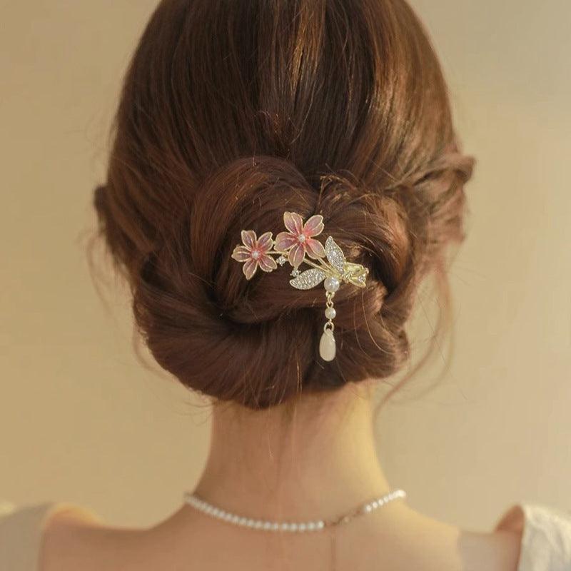 Super Fairy Cherry Blossom Pansy Pearl Tassel Hairpin Ancient Style Female Side Fringe Headdress Duckbill Clip - Awesome Marketplace