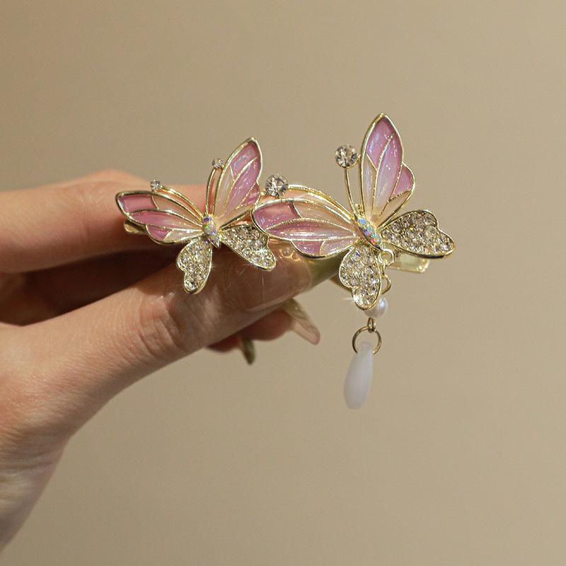 Super Fairy Cherry Blossom Pansy Pearl Tassel Hairpin Ancient Style Female Side Fringe Headdress Duckbill Clip - Awesome Marketplace