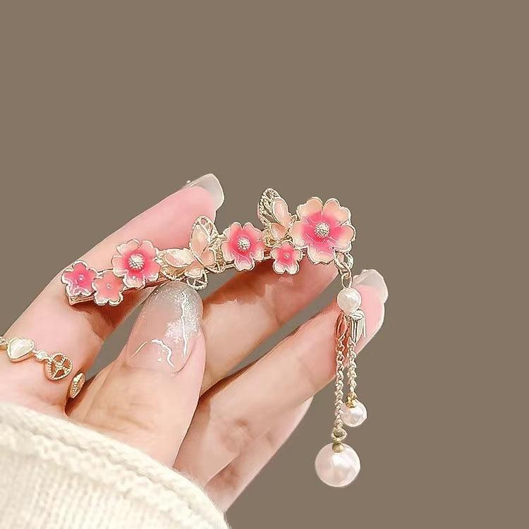 Super Fairy Cherry Blossom Pansy Pearl Tassel Hairpin Ancient Style Female Side Fringe Headdress Duckbill Clip - Awesome Marketplace