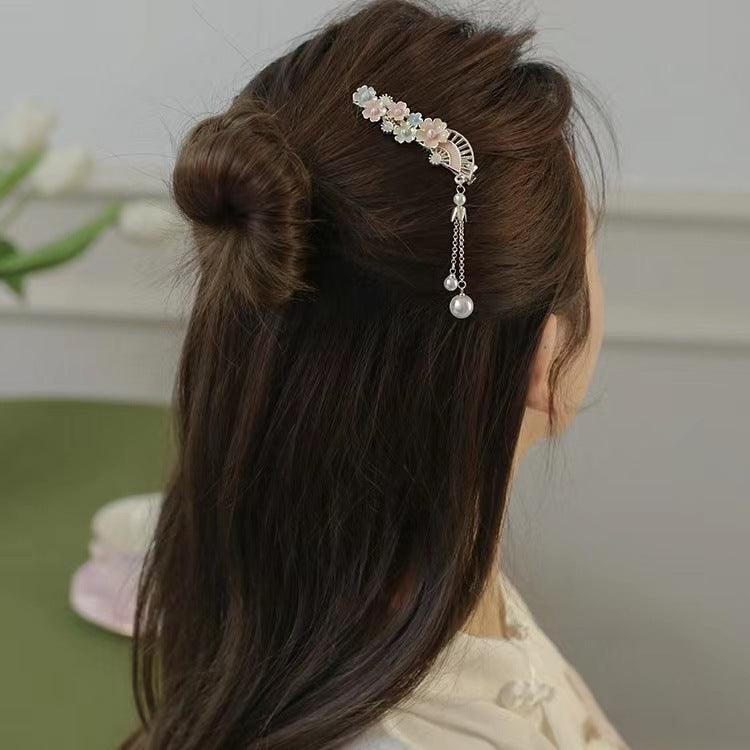 Super Fairy Cherry Blossom Pansy Pearl Tassel Hairpin Ancient Style Female Side Fringe Headdress Duckbill Clip - Awesome Marketplace