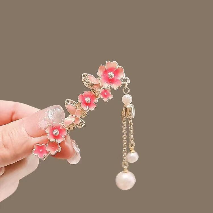 Super Fairy Cherry Blossom Pansy Pearl Tassel Hairpin Ancient Style Female Side Fringe Headdress Duckbill Clip - Awesome Marketplace