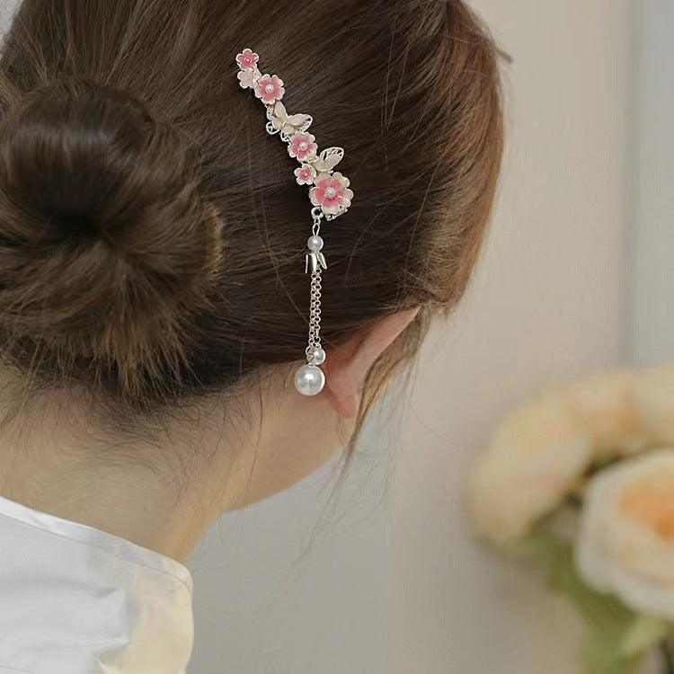 Super Fairy Cherry Blossom Pansy Pearl Tassel Hairpin Ancient Style Female Side Fringe Headdress Duckbill Clip - Awesome Marketplace