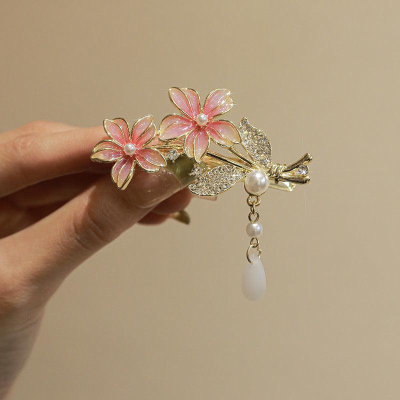 Super Fairy Cherry Blossom Pansy Pearl Tassel Hairpin Ancient Style Female Side Fringe Headdress Duckbill Clip - Awesome Marketplace