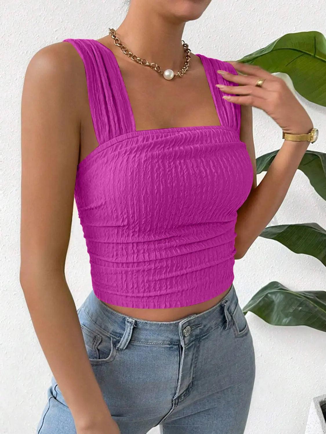 Textured Square Neck Wide Strap Tank Trendsi