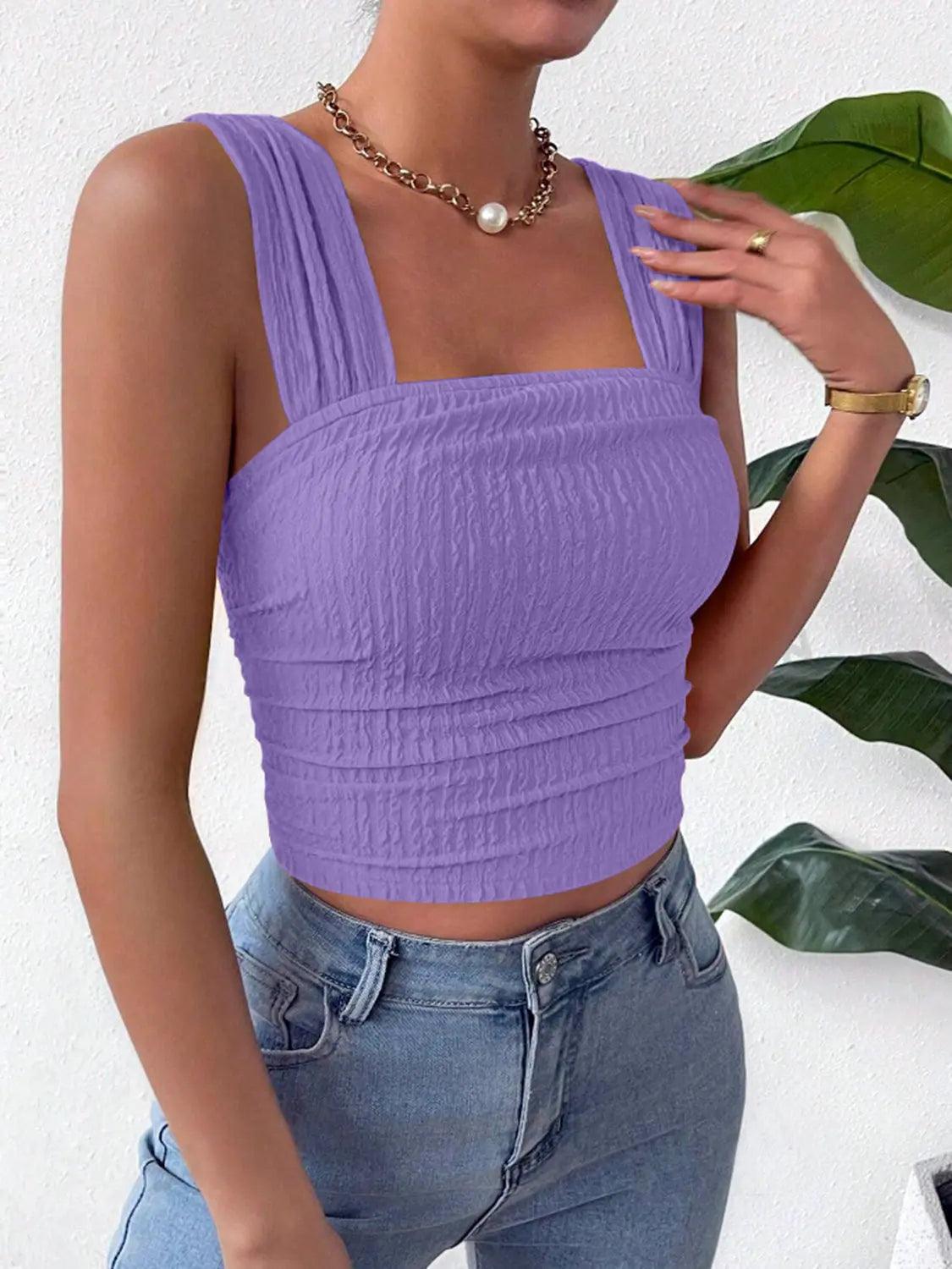 Textured Square Neck Wide Strap Tank Trendsi