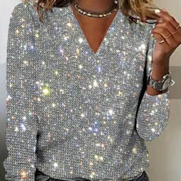 Women's Long Sleeves V-neck Christmas Shiny T-shirt - Awesome Marketplace