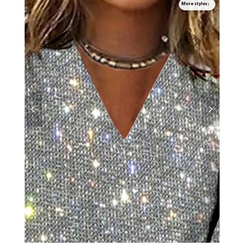 Women's Long Sleeves V-neck Christmas Shiny T-shirt - Awesome Marketplace