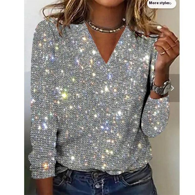 Women's Long Sleeves V-neck Christmas Shiny T-shirt - Awesome Marketplace