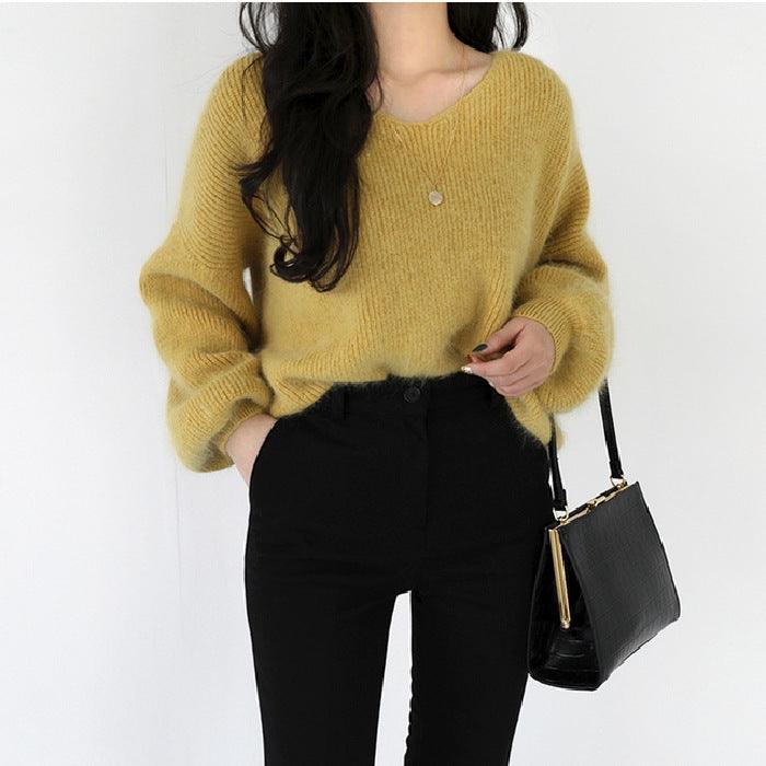 Women's Mohair V-Neck Padded Pullover Sweater Soft Stylish & Cozy Layer - Awesome Marketplace