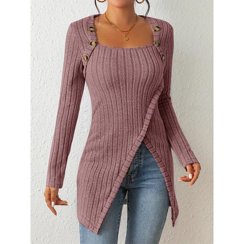 Women's Square-Neck Off-Shoulder Slit Sweater Stylish Chic & Comfortable - Awesome Marketplace